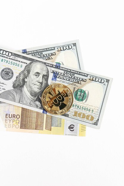 Multi Euro Dolar cash and coin, Different type of new generation banknotes, bitcoin, turkish lira