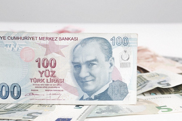 マルチユーロドルの現金と硬貨、さまざまな種類の新世代紙幣、ビットコイン、トルコリラ
