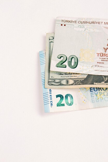 Multi Euro Dolar cash and coin, Different type of new generation banknotes, bitcoin, turkish lira