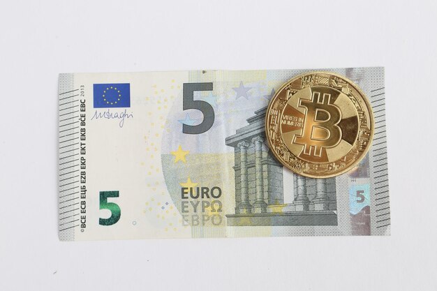 Multi Euro Dolar cash, Different type of new generation banknotes, bitcoin