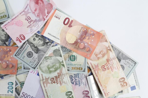 Multi Euro Dolar contant geld en munten Ander type bankbiljetten van de nieuwe generatie bitcoin Turkse lira