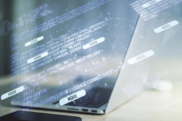 Multi exposure of abstract creative coding sketch with world map on modern laptop background artificial intelligence and neural networks concept