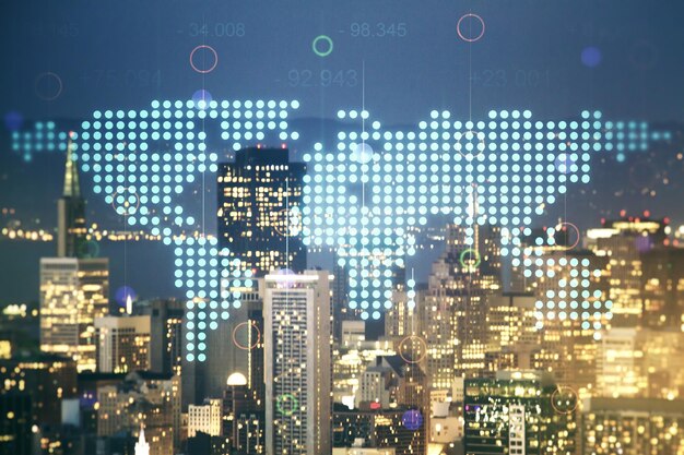 Multi exposure of abstract creative digital world map hologram on San Francisco skyscrapers background research and analytics concept