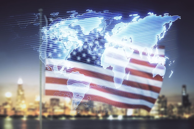 Multi exposure of abstract creative digital world map hologram on USA flag and blurry cityscape background tourism and traveling concept