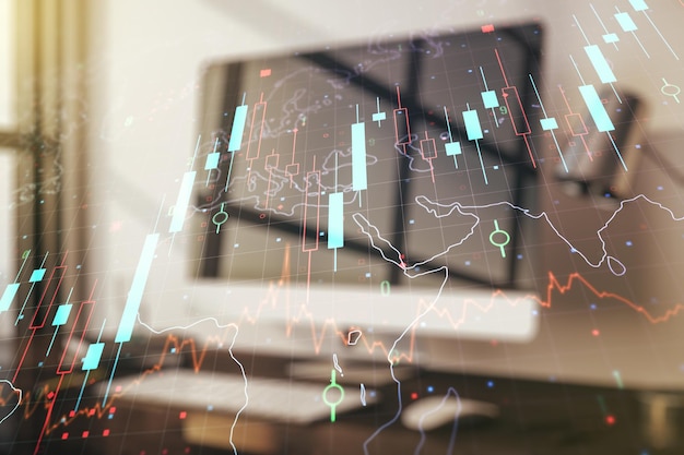 Multi exposure of abstract creative financial chart with world\
map on laptop background