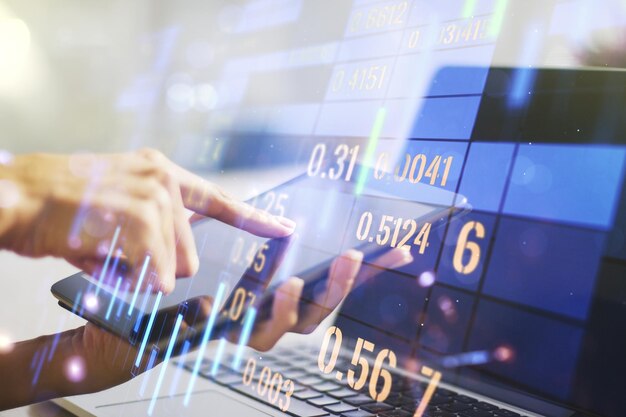 multi exposure of abstract creative financial graph with finger presses on a digital tablet on background forex and investment concept