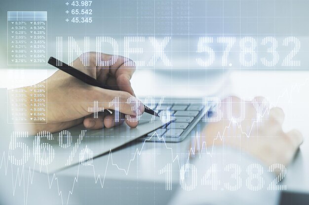 Multi exposure of abstract creative financial graph with hand writing in notepad on background forex and investment concept