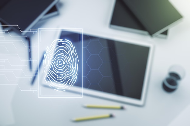 Multi exposure of abstract creative fingerprint illustration and modern digital tablet on background top view digital access concept