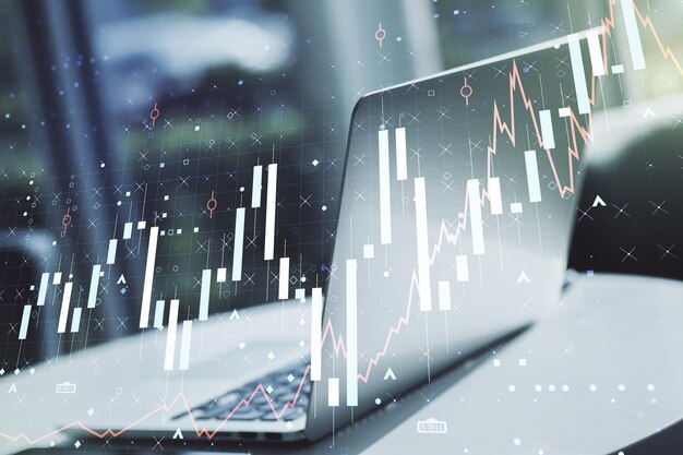 Multi exposure of abstract financial diagram on computer background banking and accounting concept