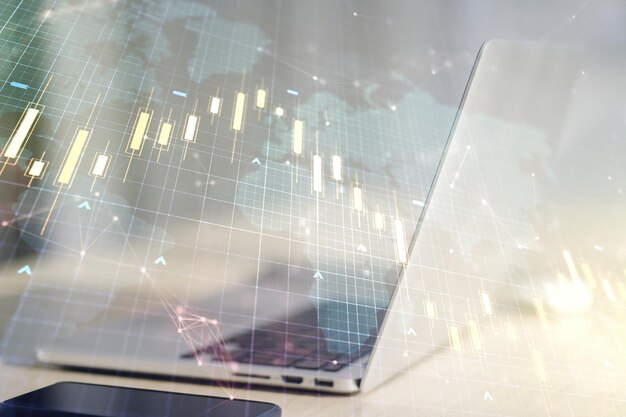 Multi exposure of abstract financial diagram with world map on computer background banking and accounting concept