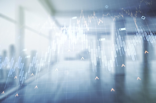 Multi exposure of abstract financial diagram and world map on abstract empty interior background banking and accounting concept