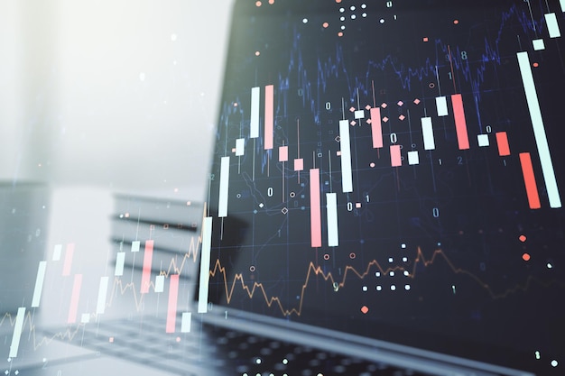 Multi esposizione del grafico finanziario astratto su sfondo portatile concetto finanziario e commerciale