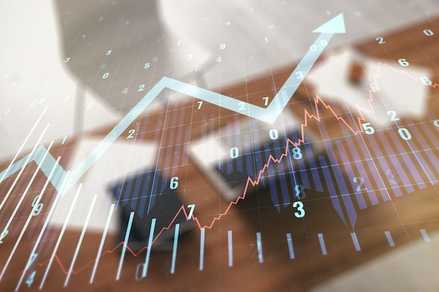 Multi exposure of abstract financial graph with upward arrow and modern desktop with pc on background financial and trading concept