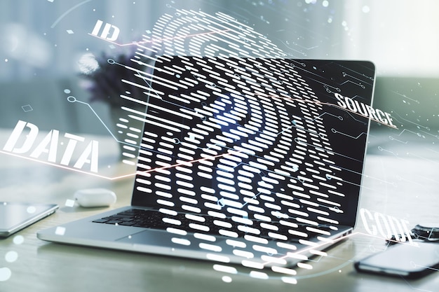 Multi exposure of abstract fingerprint scan interface on computer background digital access concept