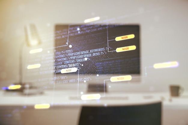 現代のコンピューター背景のビッグデータとネットワークの概念に関する抽象的なグラフィック コーディング スケッチの多重露出