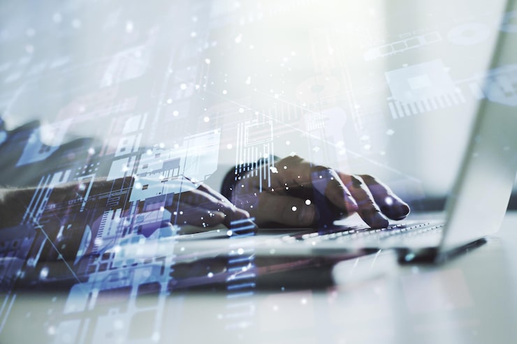 Photo multi exposure of abstract graphic coding sketch with hands typing on computer keyboard on background big data and networking concept