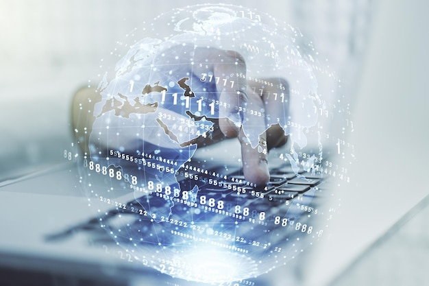 multi exposure of abstract graphic coding sketch with world map and hands typing on computer keyboard on background big data and networking concept