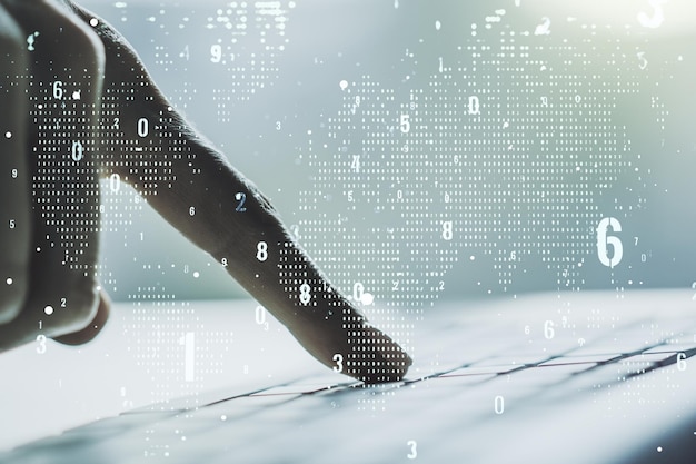 multi exposure of abstract graphic coding sketch with world map and hands typing on computer keyboard on background big data and networking concept