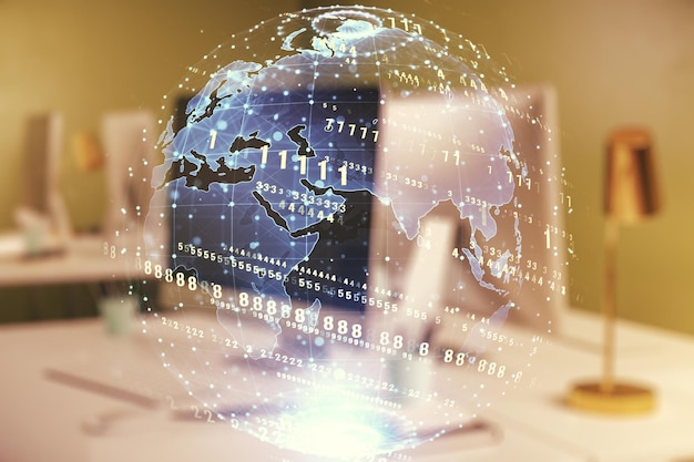 multi exposure of abstract graphic coding sketch with world map on modern computer background big data and networking concept