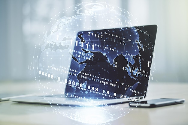 Multi exposure of abstract graphic coding sketch with world map on modern computer background big data and networking concept