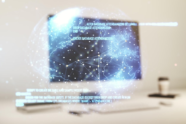 現代のコンピューターの背景ビッグデータとネットワーキングの概念に世界地図を使用した抽象的なグラフィックコーディングスケッチの多重露光