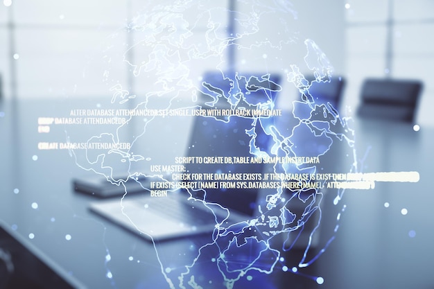 現代のコンピューターの背景ビッグデータとネットワーキングの概念に世界地図を使用した抽象的なグラフィックコーディングスケッチの多重露光