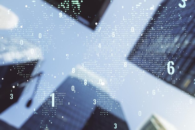 multi exposure of abstract graphic coding sketch and world map on modern architecture background big data and networking concept