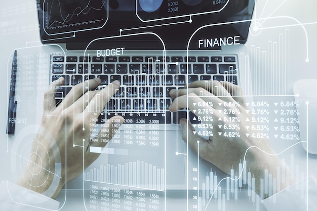 multi exposure of abstract graphic data spreadsheet sketch with hands typing on computer keyboard on background analytics and analysis concept