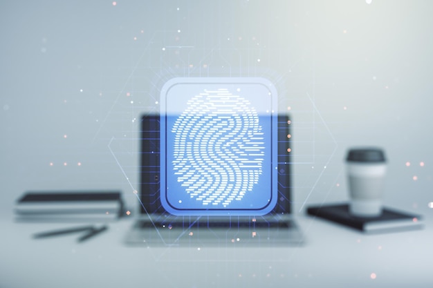 Photo multi exposure of abstract graphic fingerprint sketch on modern computer background fingerprint scan data concept