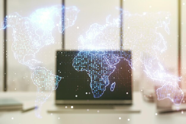 Multi exposure of abstract graphic world map on computer background connection and communication concept