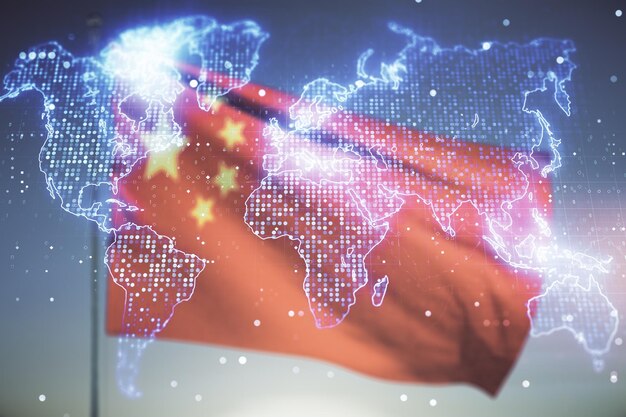 중국 국기에 추상 그래픽 세계 지도 홀로그램과 푸른 하늘 배경 연결 및 통신 개념의 다중 노출