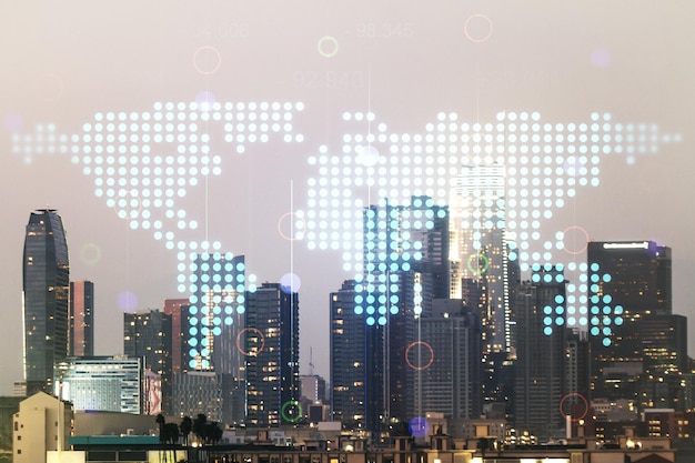 Multi exposure of abstract graphic world map hologram on Los Angeles office buildings background connection and communication concept