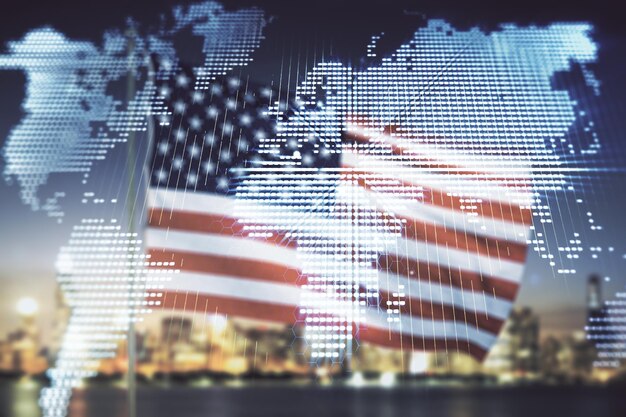 Multi exposure of abstract graphic world map on US flag and skyline background big data and networking concept