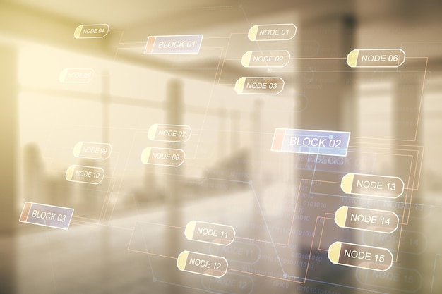 Multi exposure of abstract programming language hologram on abstract empty interior background artificial intelligence and machine learning concept