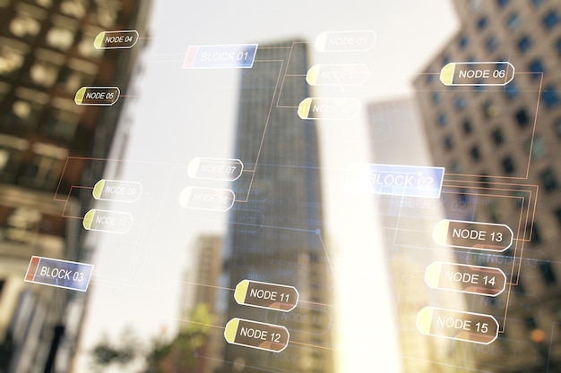 Multi exposure of abstract programming language hologram on blurry cityscape background artificial intelligence and machine learning concept