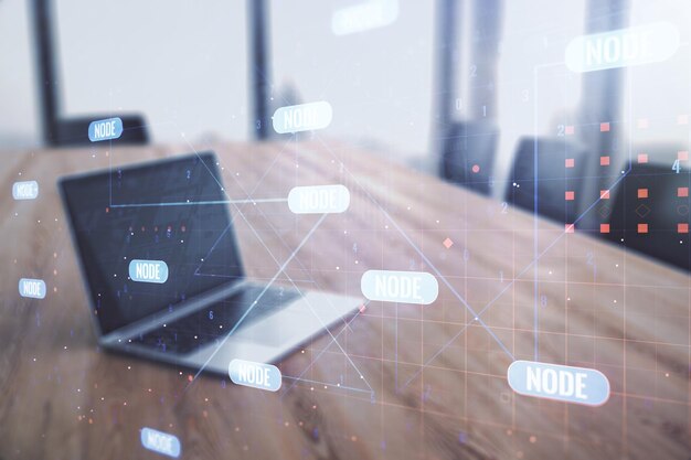Multi exposure of abstract programming language hologram on computer background artificial intelligence and machine learning concept