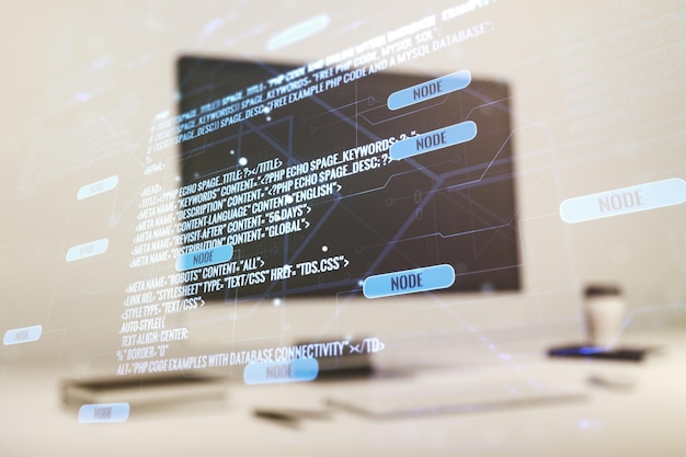 Multi exposure of abstract programming language hologram on computer background artificial intelligence and neural networks concept