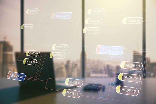 Multi exposure of abstract programming language hologram and modern desk with computer on background artificial intelligence and machine learning concept