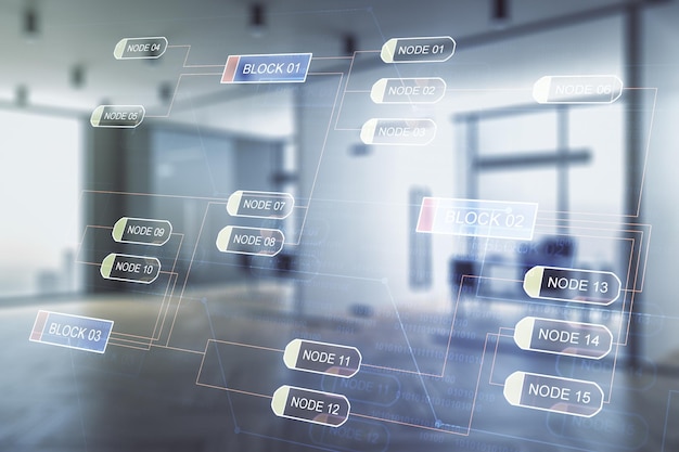 Multi exposure of abstract programming language hologram on a modern furnished office interior background artificial intelligence and machine learning concept