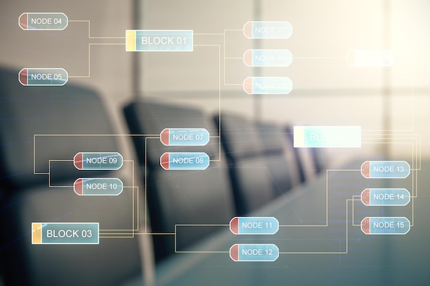 Photo multi exposure of abstract programming language hologram on a modern furnished office interior background artificial intelligence and machine learning concept