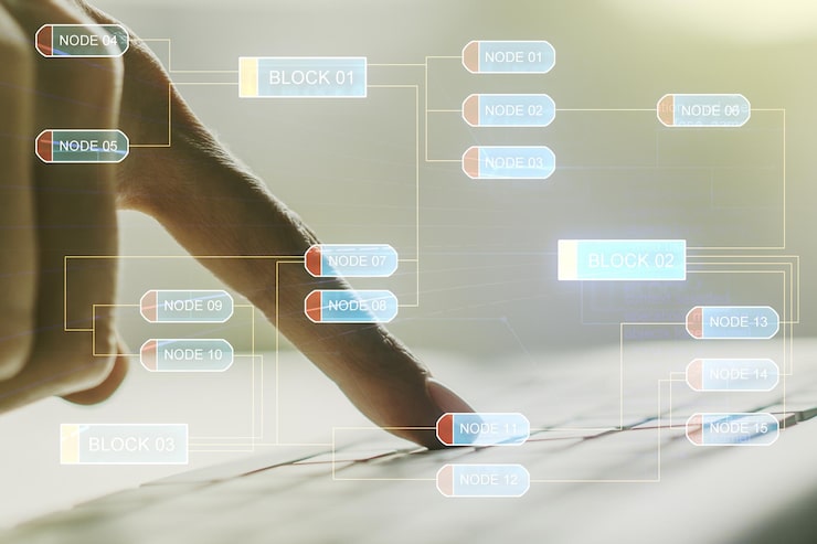 Photo multi exposure of abstract programming language hologram with hands typing on computer keyboard on background artificial intelligence and machine learning concept
