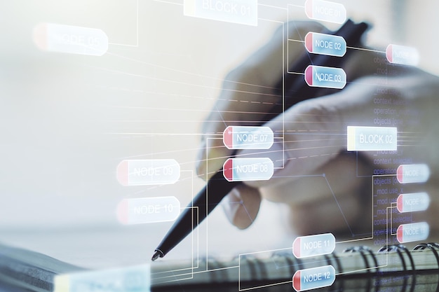 Multi exposure of abstract programming language hologram with\
man hand writing in notepad on background artificial intelligence\
and machine learning concept