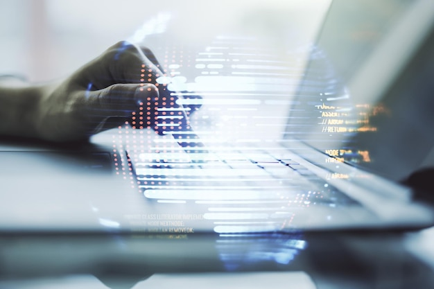 multi exposure of abstract programming language hologram with world map and hands typing on computer keyboard on background artificial intelligence and neural networks concept