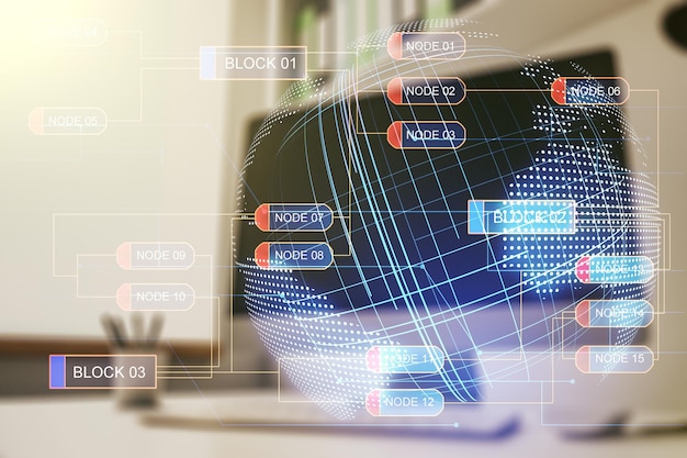 Photo multi exposure of abstract programming language hologram with world map and modern desk with computer on background artificial intelligence and neural networks concept