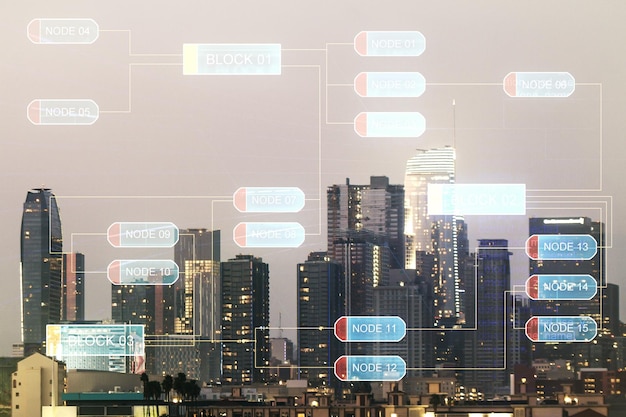 Multi exposure of abstract software development hologram on Los Angeles skyscrapers background research and analytics concept