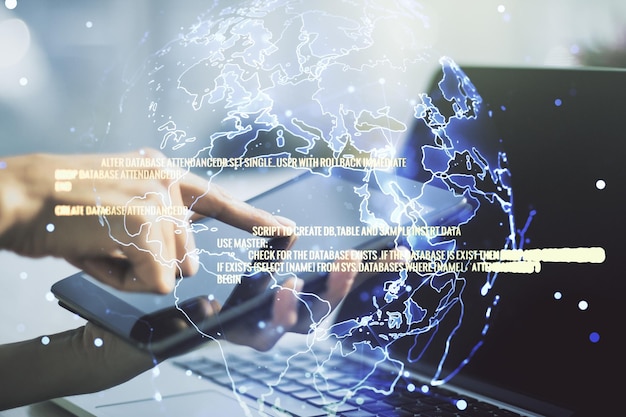 Multi exposure of abstract software development hologram with world map and finger presses on a digital tablet on background global research and analytics concept