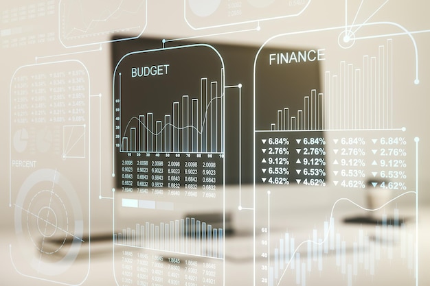 Multi exposure of abstract statistics data hologram interface on computer background computing and analytics concept