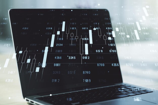 Multi exposure of abstract statistics data hologram interface\
on computer background computing and analytics concept