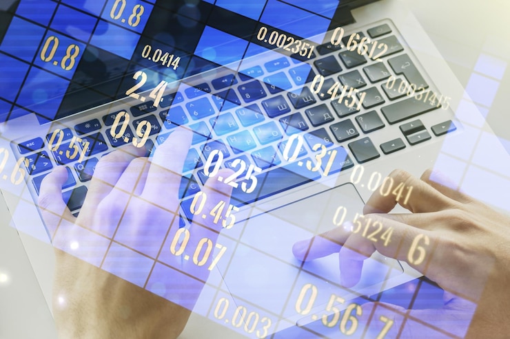 Photo multi exposure of abstract statistics data hologram interface with hands typing on computer keyboard on background computing and analytics concept