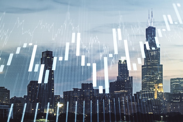 Multi exposure of abstract virtual financial graph hologram on Chicago skyline background forex and investment concept